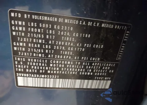 2018 Volkswagen Tiguan 2.0T S из США, поврежденный, VIN 3VV0B7AX9JM033321